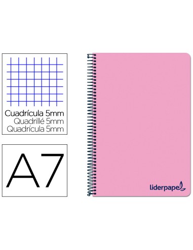 Cuaderno espiral liderpapel a7 micro wonder tapa plastico 100h 90 gr cuadro 5mm 4 bandas color rosa