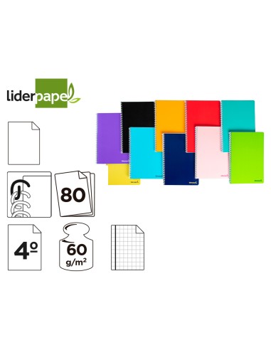 Cuaderno espiral liderpapel cuarto smart tapa blanda 80h 60gr liso sin margen colores surtidos