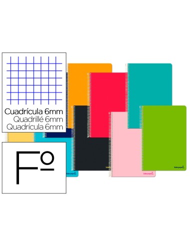 Cuaderno espiral liderpapel folio smart tapa blanda 80h 60gr cuadro 6 mm con margen colores surtidos