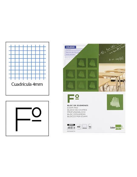 Bloc examenes liderpapel cuadro 4mm folio 40 hojas 60g m2