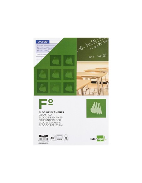 Bloc examenes liderpapel cuadro 4mm folio 40 hojas 60g m2