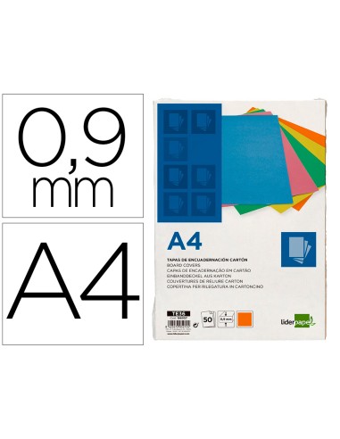 Tapa encuadernacion liderpapel carton a4 09mm naranja fluor paquete de 50 unidades