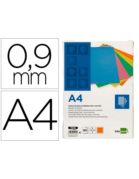 Tapa encuadernacion liderpapel carton a4 09mm naranja fluor paquete de 50 unidades