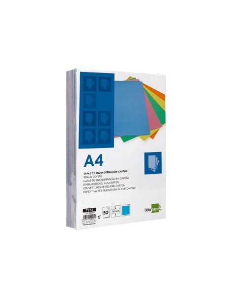Tapa encuadernacion liderpapel carton a4 09mm azul fluor paquete de 50 unidades