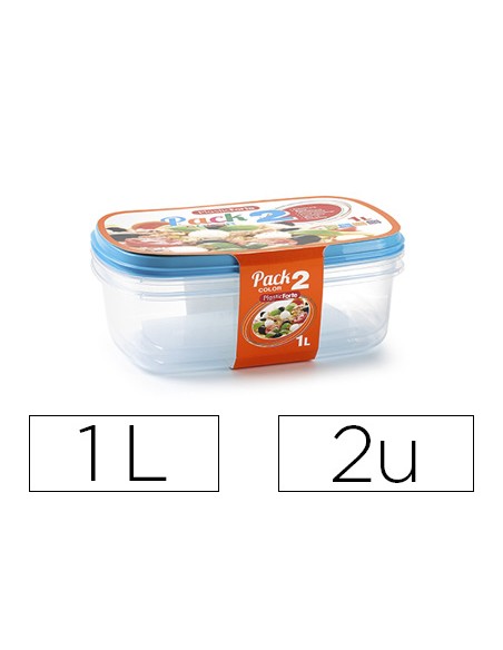 Fiambrera plasticforte transparente tapa color 1 litros pack 2 unidades
