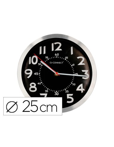 Reloj q connect de pared metalico redondo 25 cm movimiento silencioso color negro con esfera cromado