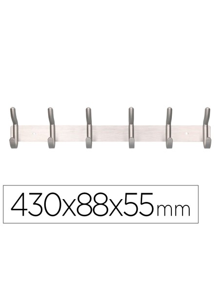 Perchero liderpapel pared metalico 6 colgadores color plata mate 430x88x55 mm