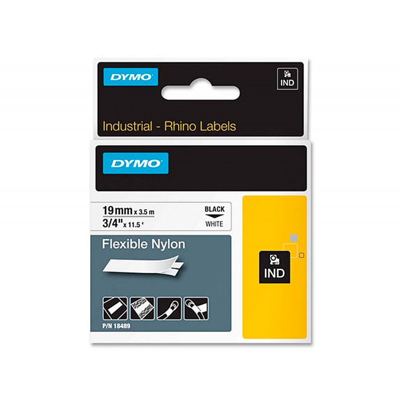 Cinta dymo rhino nylon flexible blanco negro 19mmx 35 mt tape label