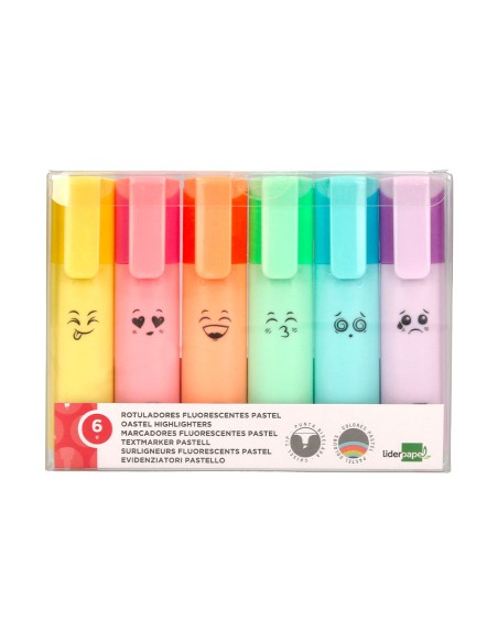 Rotulador liderpapel fluorescente pastel punta biselada estuche de 6 unidades colores surtidos