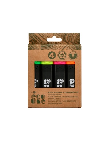 Rotulador liderpapel ecouse fluorescente fabricado con 68 plastico reciclado caja de 4 unidades colores surtidos