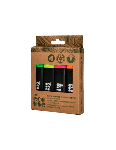 Rotulador liderpapel ecouse fluorescente fabricado con 68 plastico reciclado caja de 4 unidades colores surtidos