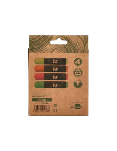 Rotulador liderpapel ecouse fluorescente fabricado con 68 plastico reciclado caja de 4 unidades colores surtidos