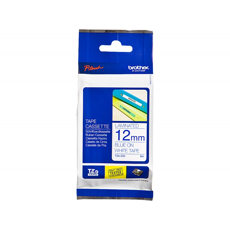 Cinta brother tze 233 blanco azul 12mm longitud 8 mt