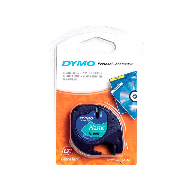 Cinta dymo 12mmx4mt negro verde acido para maquina letratag