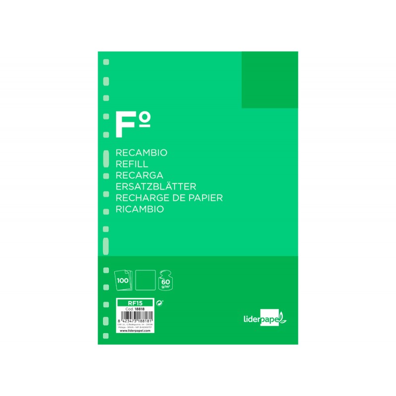 Recambio liderpapel folio 100 hojas 60g m2 liso sin margen 16 taladros