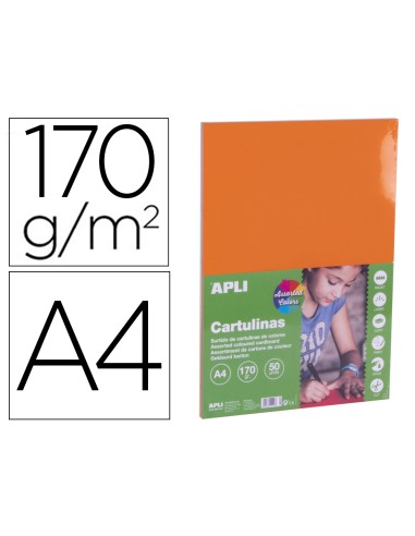 Cartulina apli din a4 170g m2 colores intensos surtidos paquete de 50 hojas