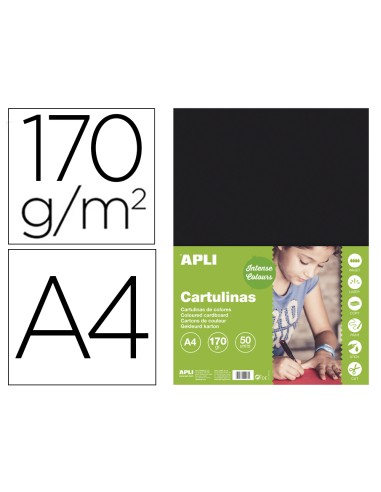 Cartulina apli din a4 170g m2 negro paquete de 50 hojas