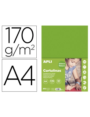 Cartulina apli din a4 170g m2 verde hierba paquete de 50 hojas