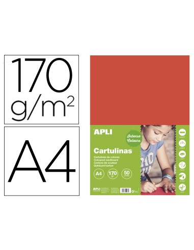 Cartulina apli din a4 170g m2 rojo paquete de 50 hojas