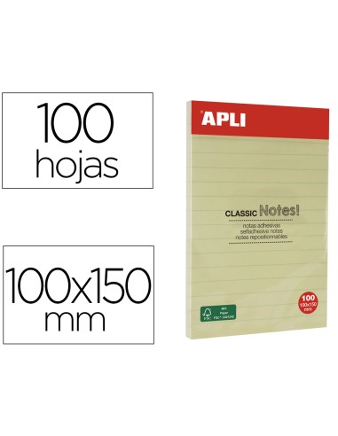 Bloc de notas adhesivas quita y pon apli 150x100 mm rayado amarillo con 100 hojas