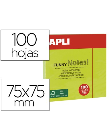 Bloc de notas adhesivas quita y pon apli 75x75 mm verde fluorescente con 100 hojas