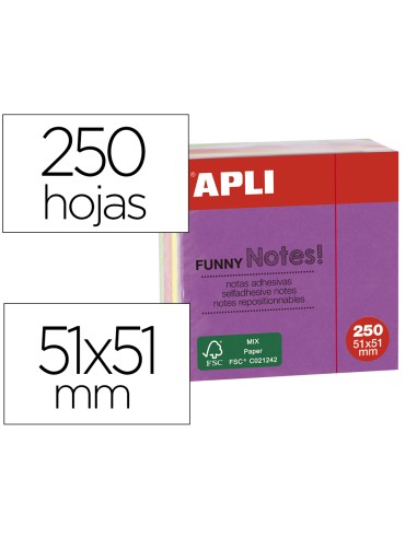 Bloc de notas adhesivas quita y pon apli 51x51 mm minicubo colores fluorescente brillante con 250 hojas