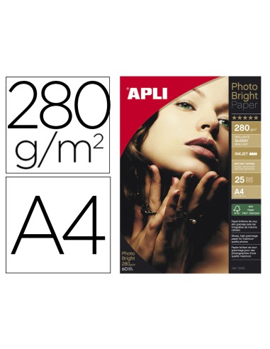 Papel fotografico apli glossy din a4 ink jet 280 gr pack de 25 hojas