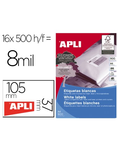 Etiqueta adhesiva apli 1785 105x37 mm para fotocopiadora laser ink jet caja de 500 hojas