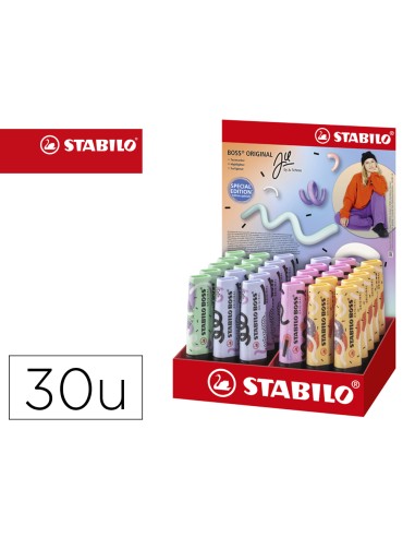 Rotulador stabilo boss fluorescente original pastel by ju schnee expositor de 30 unidades colores surtidos