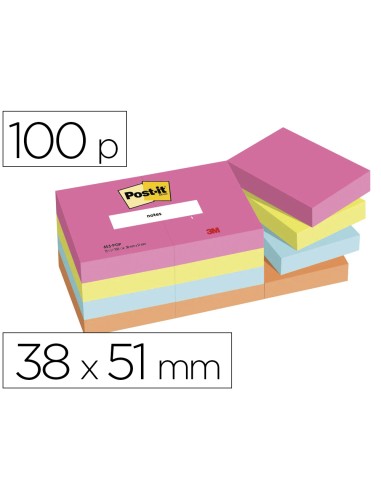 Bloc de notas adhesivas quita y pon post it poptimistic 38x51 mm con 100 hojas pack de 12 unidades