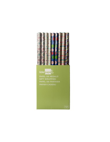 Papel de regalo liderpapel todo ano rollo ancho 70 cm longitud 2 mt gramaje 60 gr disenos surtidos
