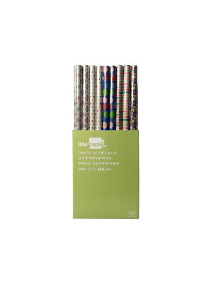 Papel de regalo liderpapel todo ano rollo ancho 70 cm longitud 2 mt gramaje 60 gr disenos surtidos