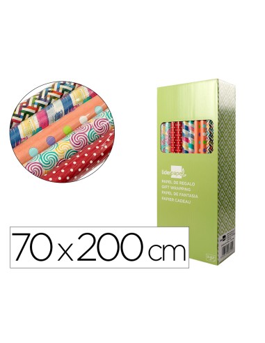 Papel de regalo liderpapel todo ano rollo ancho 70 cm longitud 2 mt gramaje 60 gr disenos surtidos