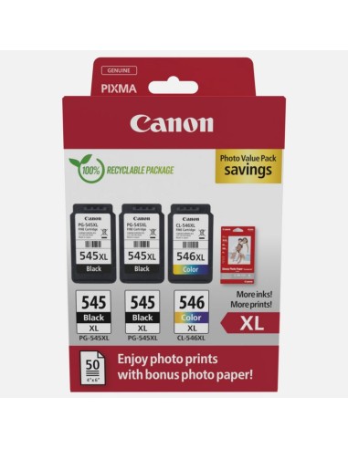 Canon PG-545XL/CL-546XL Multipack de 3 Cartuchos de Tinta Originales + 50 Hojas de Papel Fotografico - 8286B015