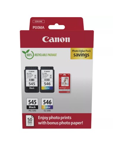 Canon PG545 Negro + CL546 Color Pack de Cartuchos de Tinta Originales + 50 Hojas de Papel Fotografico - 8287B008/8287B006/8287B