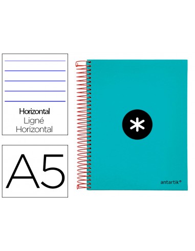 Cuaderno espiral liderpapel a5 micro antartik tapa forrada 120h 100 gr horizontal 5 bandas 6 taladros color turquesa
