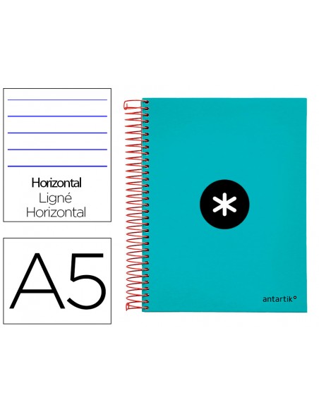 Cuaderno espiral liderpapel a5 micro antartik tapa forrada 120h 100 gr horizontal 5 bandas 6 taladros color turquesa