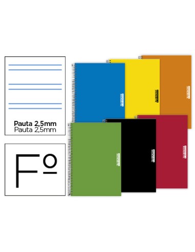 Cuaderno espiral papercop folio tapa extradura 80 hojas pauta 5 25 mm con margen 70 gr colores surtidos