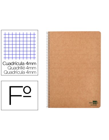 Cuaderno espiral liderpapel folio ecouse tapa cartulina kraft 80h papel reciclado 80 gr cuadro 4mm con margen