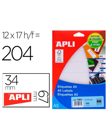 Etiqueta adhesiva apli blanca 12x30 mm sobre a5 de 990 unidades
