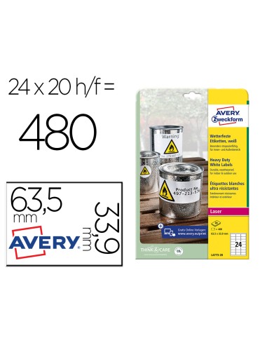 Etiqueta adhesiva resistente avery poliester blanco 39 mm 635x339 mm laser pack de 480unidades