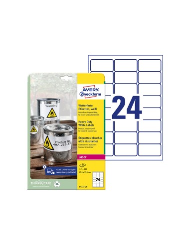 Etiqueta adhesiva resistente avery poliester blanco 39 mm 635x339 mm laser pack de 480unidades