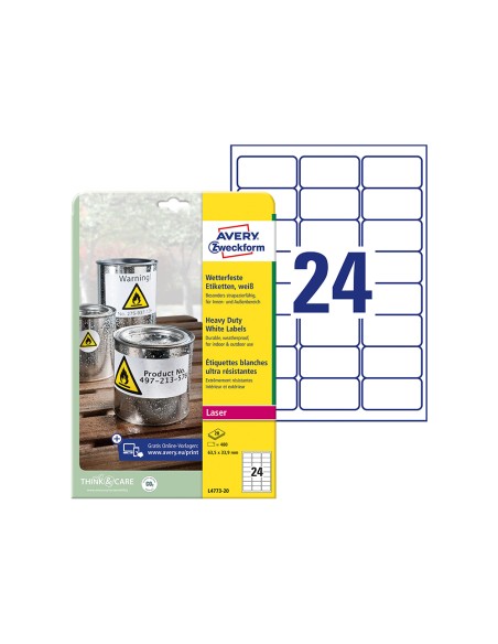 Etiqueta adhesiva resistente avery poliester blanco 39 mm 635x339 mm laser pack de 480unidades