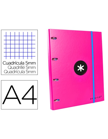 Carpeta con recambio antartik a4 cuadro 5mm forrada 4 anillas 25mm redondas color rosa