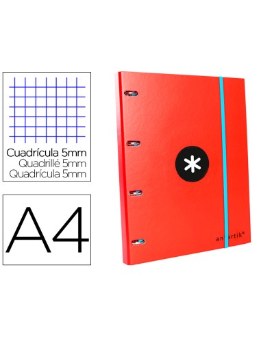 Carpeta con recambio antartik a4 cuadro 5mm forrada 4 anillas 25mm redondas color rojo