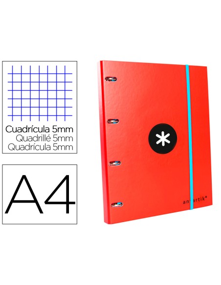 Carpeta con recambio antartik a4 cuadro 5mm forrada 4 anillas 25mm redondas color rojo