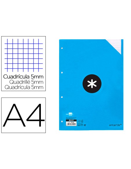 Recambio a4 100 hojas 90g m2 cuadro 5 mm 4 taladros bandas de 5 colores antartik
