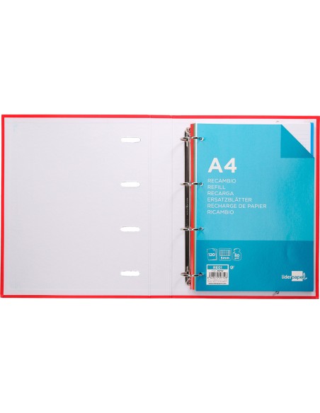 Carpeta con recambio liderpapel a4 cuadro 5 mm 120 hojas 80 g forrada 4 anillas 40 mm redondas
