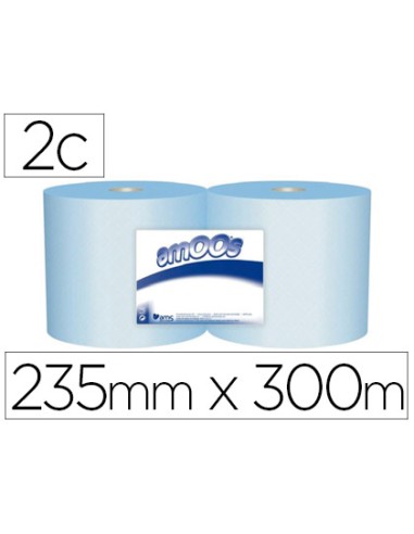 Papel secamanos industrial amoos 2 capas 235 mm x 300 mt color azul paquete de 2 rollos