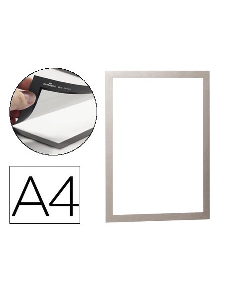 Marco porta anuncios durable magnetico din a4 dorso adhesivo removible color plata pack de 2 unidades